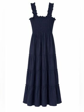 Quince Navy Smocked Tiered Maxi Dress | Size Medium | Ruffle Strap